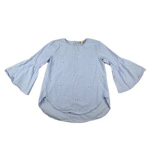 LOFT Pearlized Bell Sleeve Shirt Size XS Light Blue Blouse TopTunic High Low Hem